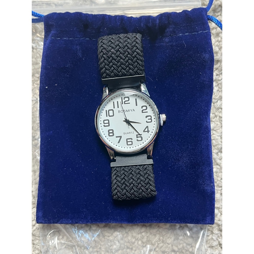 BOSMIYA Men's Braided Rope Elastic Quartz Watch Easy Read Dial Black Medium